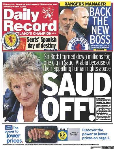 Daily Record (UK) Newspaper Front Page for 12 October 2023