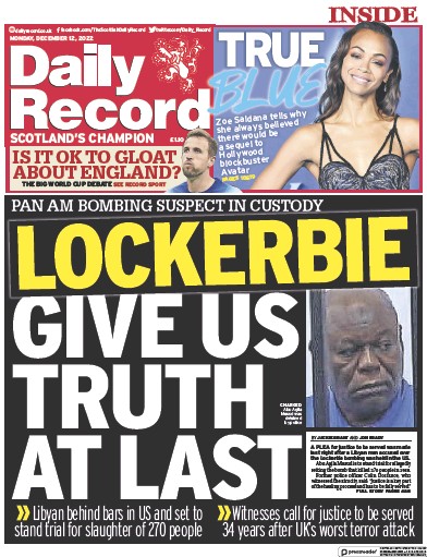 Daily Record Newspaper Front Page for 12 December 2022