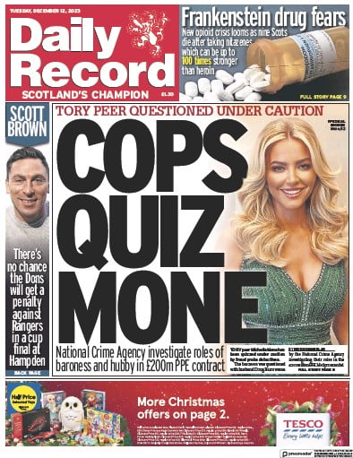 Daily Record Newspaper Front Page for 12 December 2023