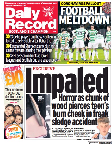Daily Record (UK) Newspaper Front Page for 12 January 2021