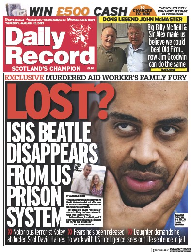 Daily Record (UK) Newspaper Front Page for 12 January 2023
