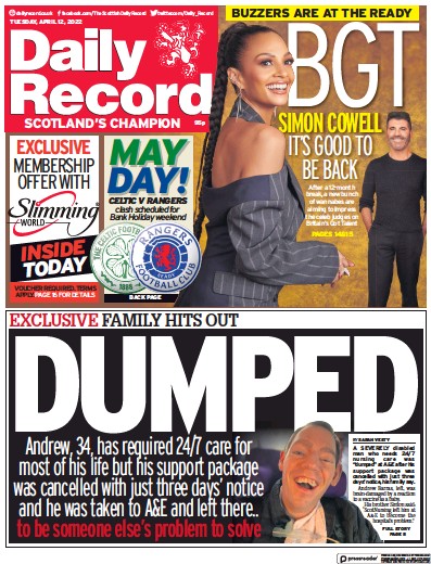Daily Record Newspaper Front Page for 12 April 2022