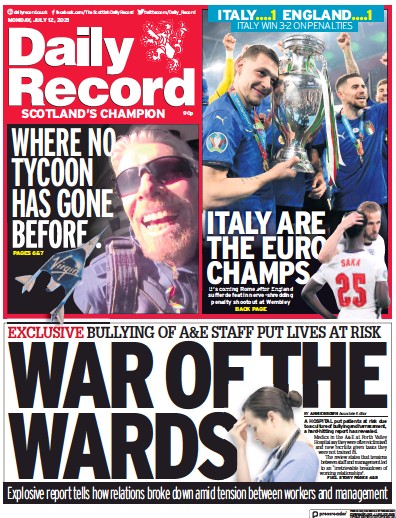 Daily Record (UK) Newspaper Front Page for 12 July 2021