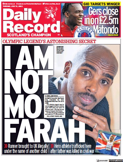 Daily Record Newspaper Front Page for 12 July 2022