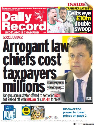 Daily Record (UK) Newspaper Front Page for 12 August 2021