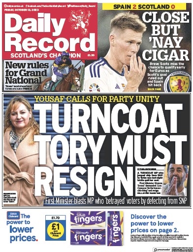 Daily Record (UK) Newspaper Front Page for 13 October 2023