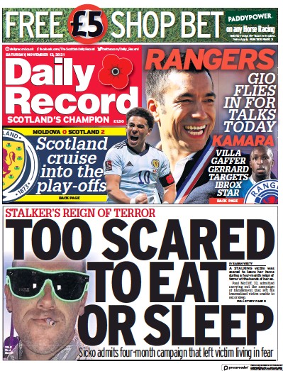 Daily Record (UK) Newspaper Front Page for 13 November 2021