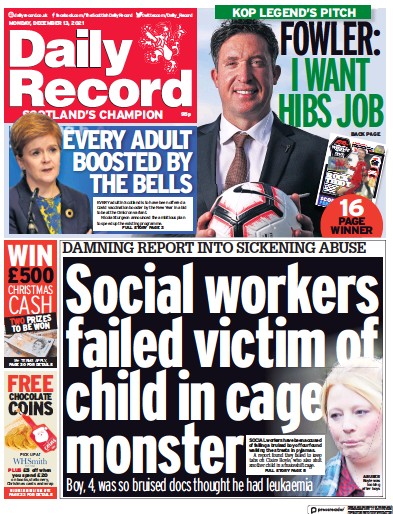 Daily Record (UK) Newspaper Front Page for 13 December 2021