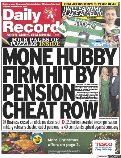 Daily Record Newspaper Front Page for 13 December 2022