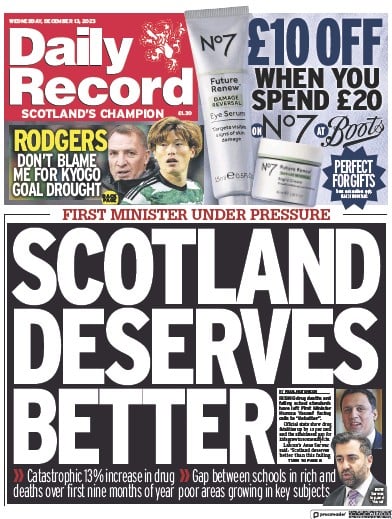 Daily Record Newspaper Front Page for 13 December 2023