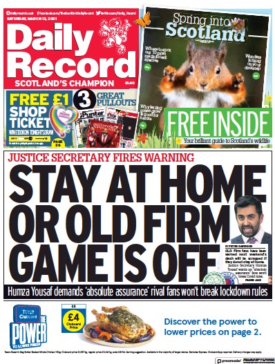 Daily Record (UK) Newspaper Front Page for 13 March 2021
