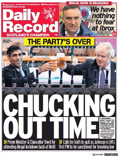 Daily Record Newspaper Front Page for 13 April 2022