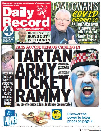 Daily Record (UK) Newspaper Front Page for 13 May 2021