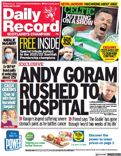 Daily Record (UK) Newspaper Front Page for 13 May 2022