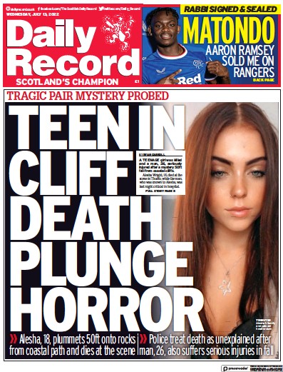 Daily Record Newspaper Front Page for 13 July 2022