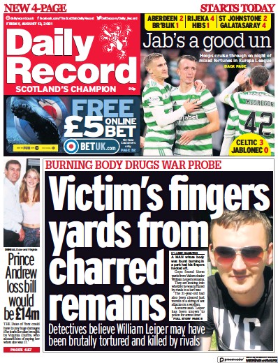 Daily Record (UK) Newspaper Front Page for 13 August 2021