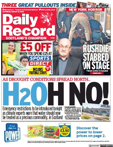 Daily Record (UK) Newspaper Front Page for 13 August 2022