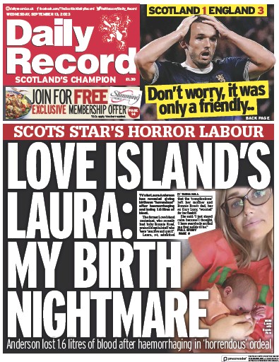 Daily Record (UK) Newspaper Front Page for 13 September 2023