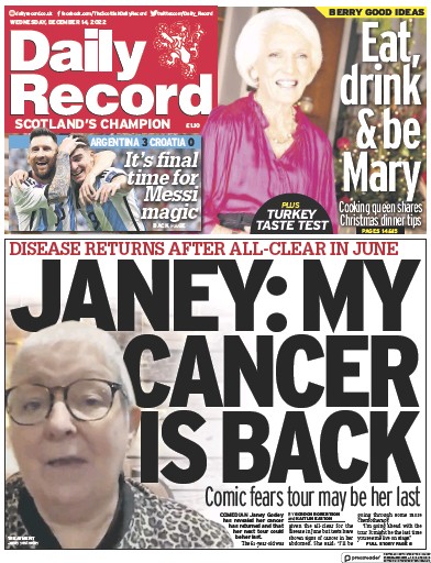 Daily Record Newspaper Front Page for 14 December 2022