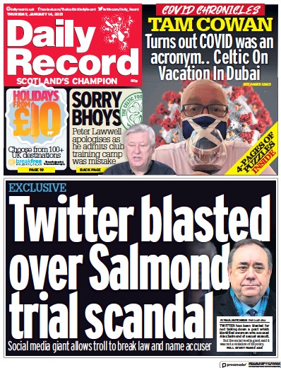 Daily Record Newspaper Front Page for 14 January 2021