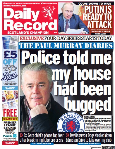 Daily Record Newspaper Front Page for 14 February 2022