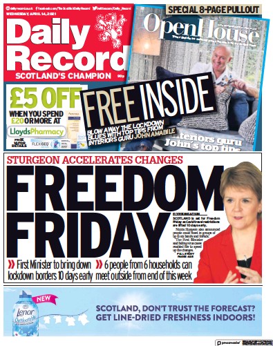 Daily Record (UK) Newspaper Front Page for 14 April 2021