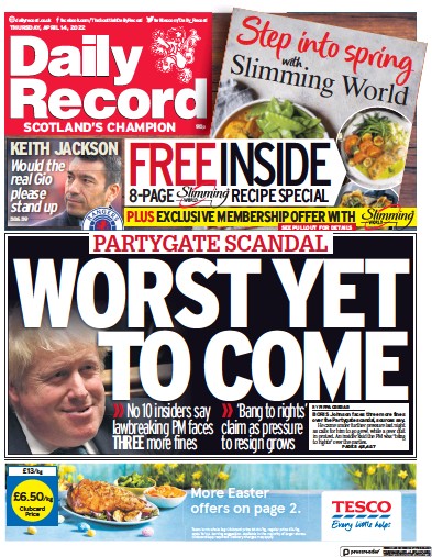 Daily Record Newspaper Front Page for 14 April 2022