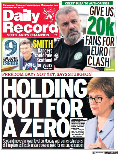 Daily Record (UK) Newspaper Front Page for 14 July 2021