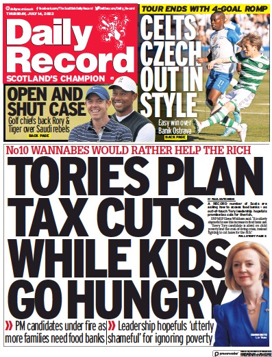 Daily Record Newspaper Front Page for 14 July 2022