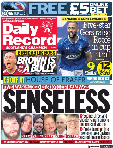 Daily Record (UK) Newspaper Front Page for 14 August 2021