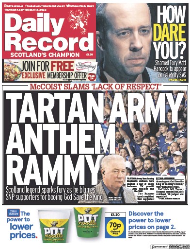 Daily Record (UK) Newspaper Front Page for 14 September 2023