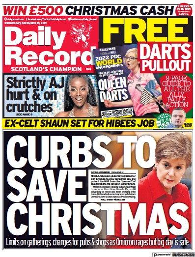 Daily Record (UK) Newspaper Front Page for 15 December 2021
