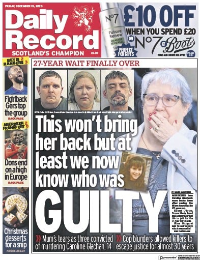 Daily Record Newspaper Front Page for 15 December 2023