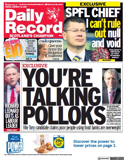 Daily Record (UK) Newspaper Front Page for 15 January 2021