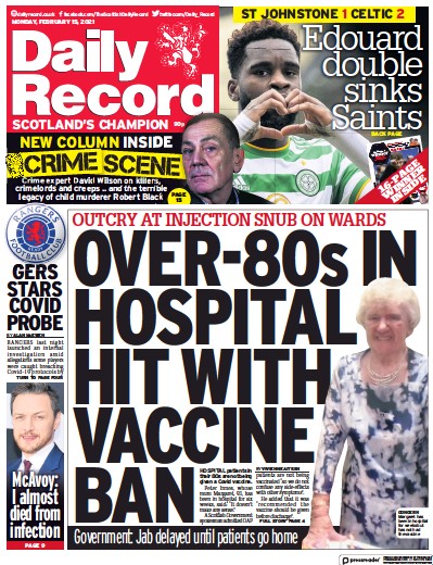 Daily Record Newspaper Front Page for 15 February 2021