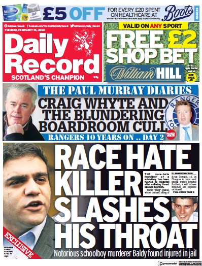 Daily Record Newspaper Front Page for 15 February 2022