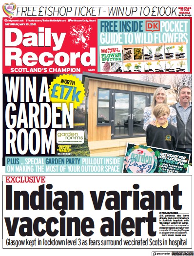Daily Record Newspaper Front Page for 15 May 2021