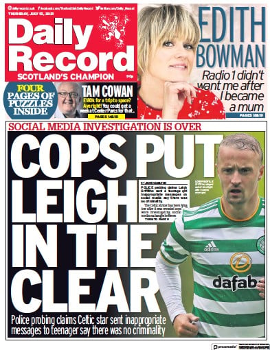 Daily Record (UK) Newspaper Front Page for 15 July 2021