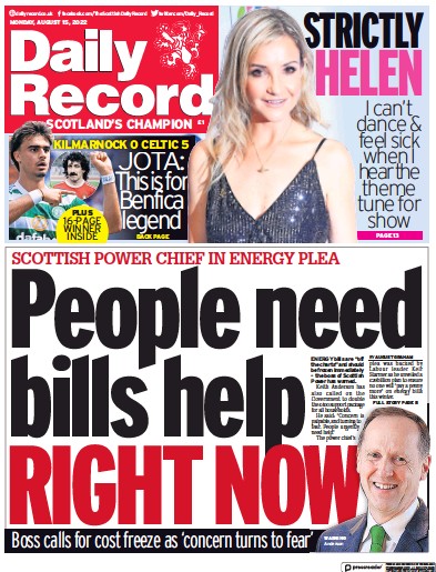 Daily Record (UK) Newspaper Front Page for 15 August 2022