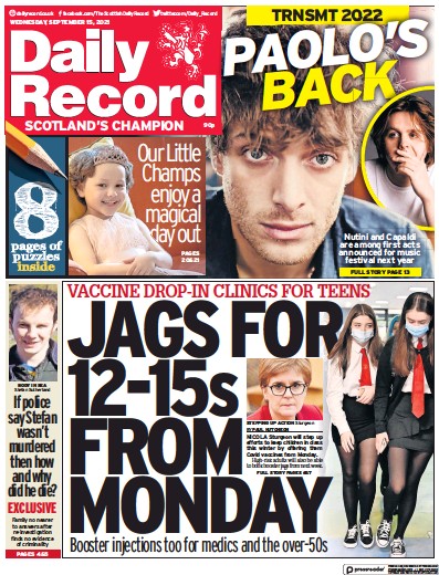Daily Record (UK) Newspaper Front Page for 15 September 2021