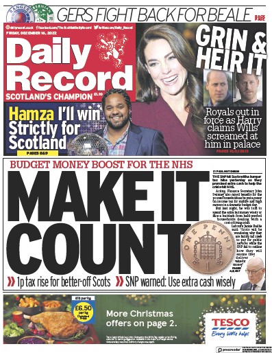 Daily Record Newspaper Front Page for 16 December 2022