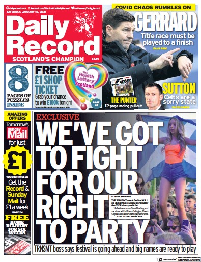 Daily Record (UK) Newspaper Front Page for 16 January 2021