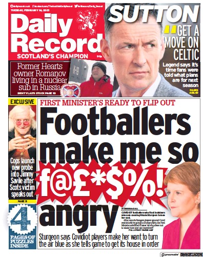 Daily Record Newspaper Front Page for 16 February 2021