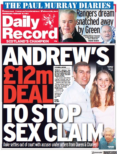 Daily Record Newspaper Front Page for 16 February 2022
