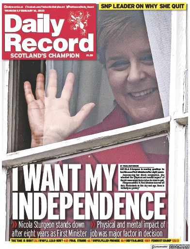 Daily Record (UK) Newspaper Front Page for 16 February 2023