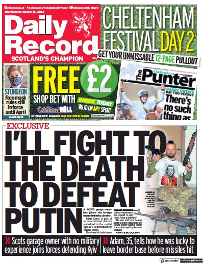 Daily Record Newspaper Front Page for 16 March 2022