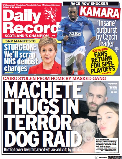 Daily Record (UK) Newspaper Front Page for 16 April 2021