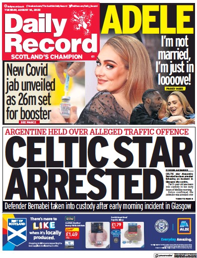 Daily Record (UK) Newspaper Front Page for 16 August 2022