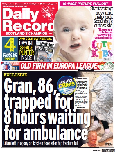 Daily Record (UK) Newspaper Front Page for 16 September 2021