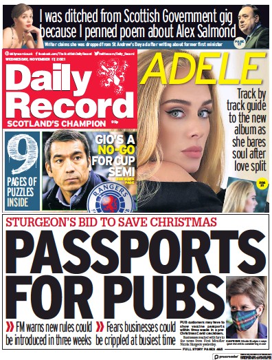Daily Record (UK) Newspaper Front Page for 17 November 2021